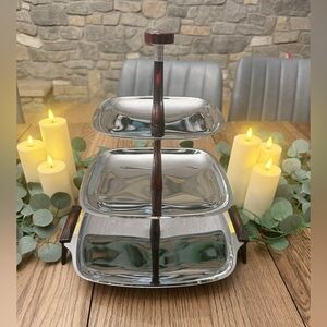 VINTAGE HTF Glo Hill Three Tiered Tidbit Tray W/ Cherry Bakelite Handles 1960 D